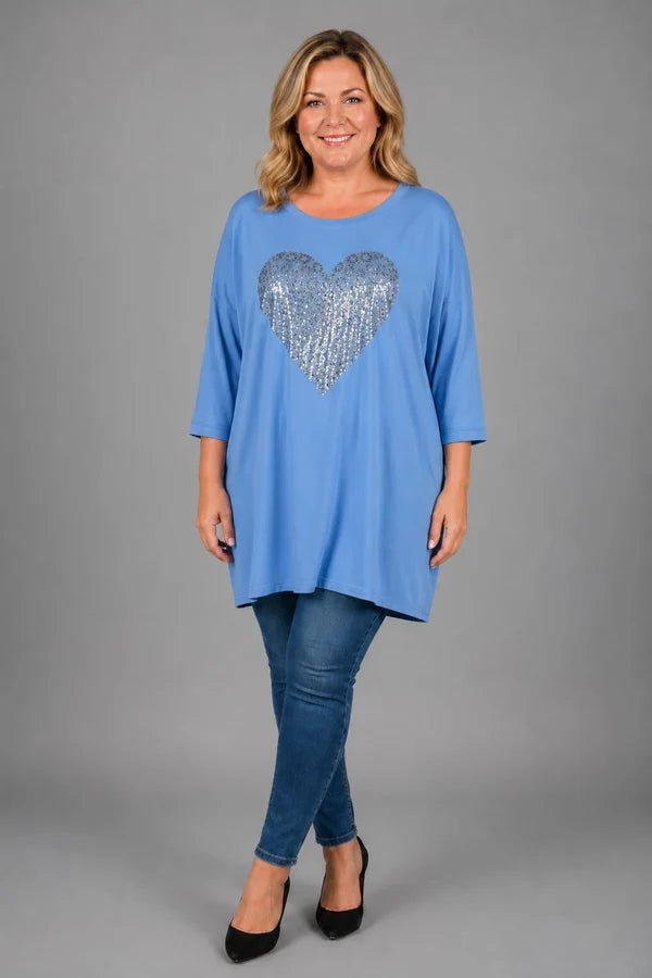 Sequin Heart Oversized Batwing Top Denim