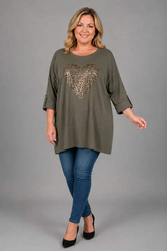 Sequin Heart Oversized Batwing Top Khaki