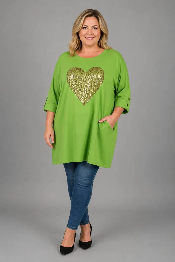 Sequin Heart Oversized Batwing Top Lime Green