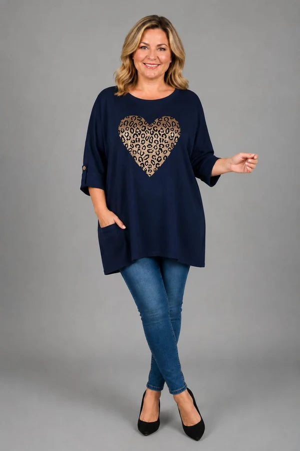 Sequin Heart Oversized Batwing Top Navy