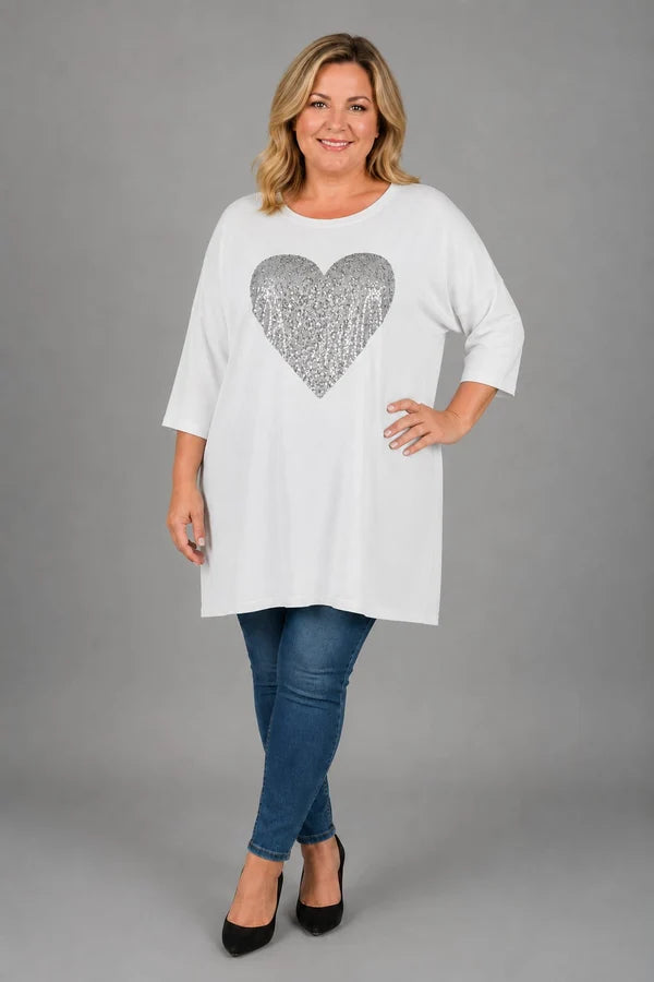 Sequin Heart Oversized Batwing Top White