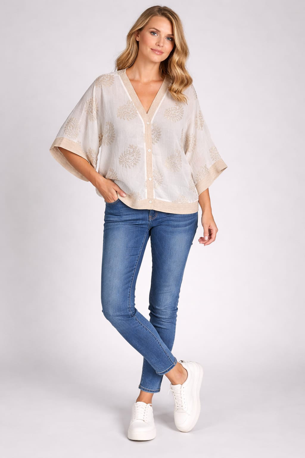 Paisley Print Crop Jacket Beige