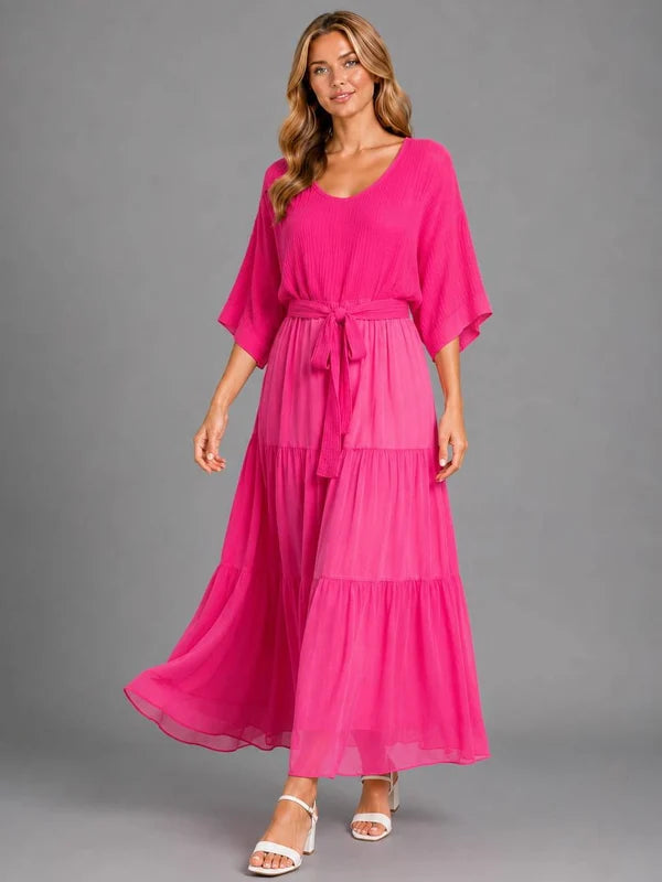 Tiered Hem Cotton Bodice Silk Maxi Dress