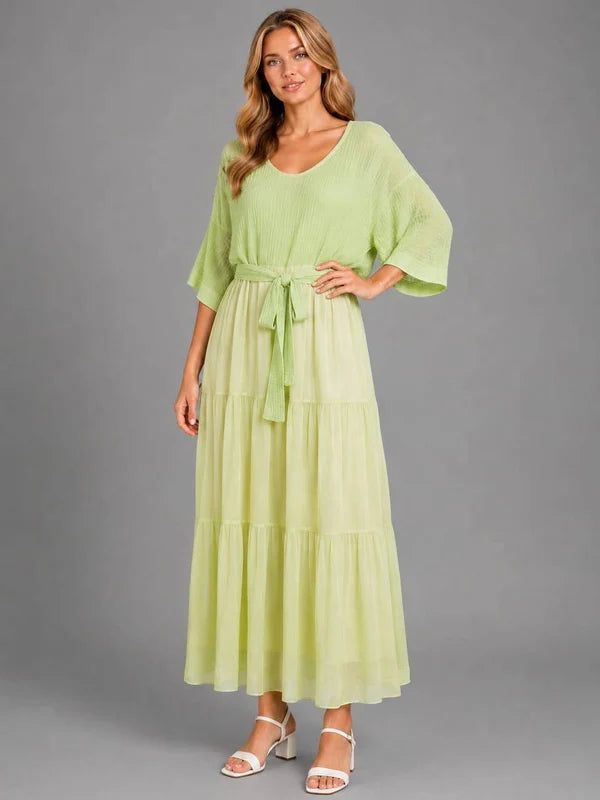 Tiered Hem Cotton Bodice Silk Maxi Dress