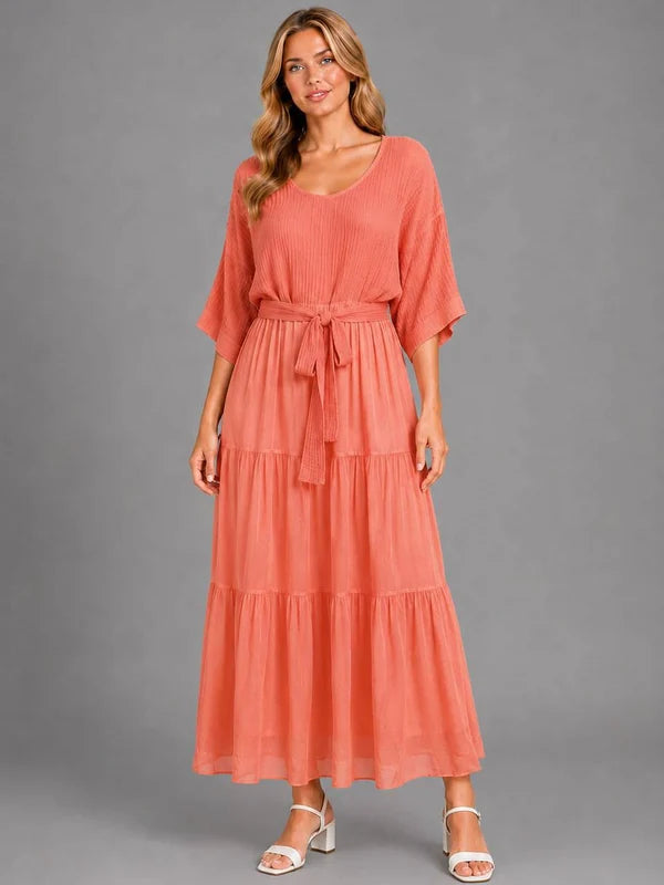 Tiered Hem Cotton Bodice Silk Maxi Dress