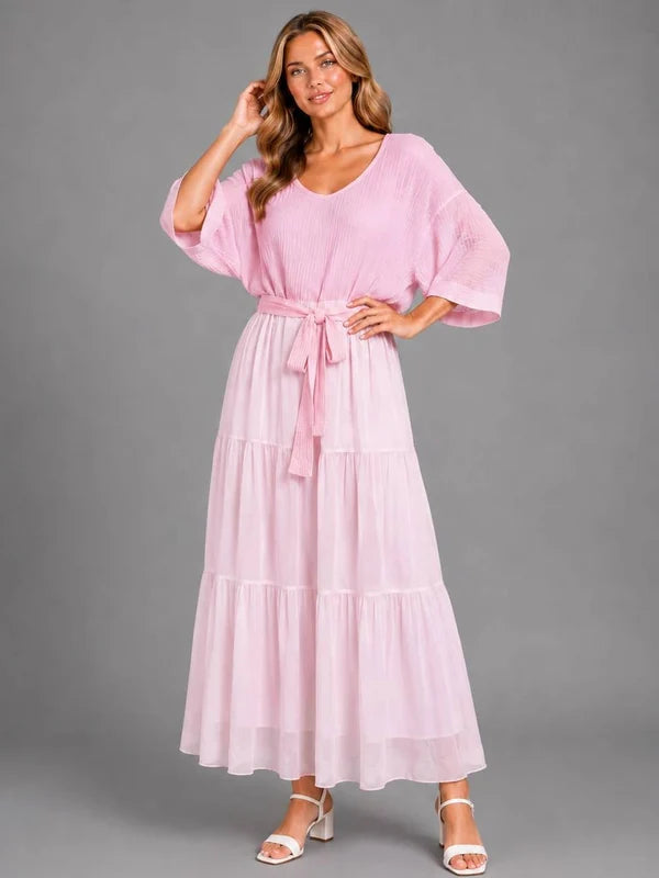 Tiered Hem Cotton Bodice Silk Maxi Dress
