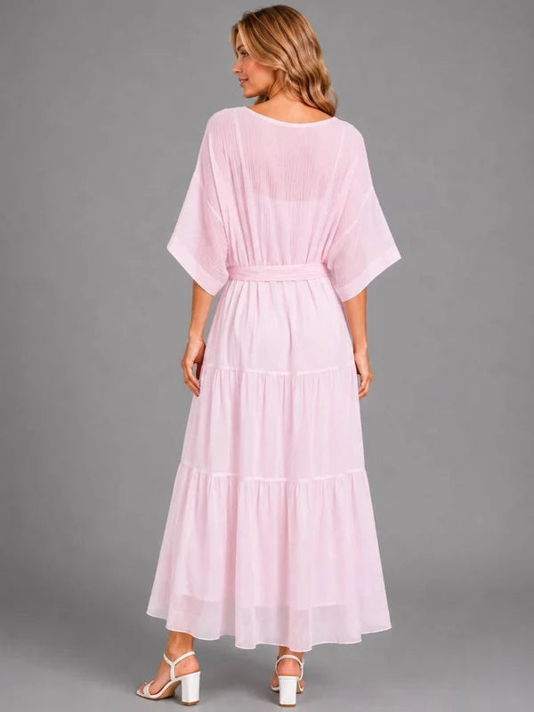 Tiered Hem Cotton Bodice Silk Maxi Dress