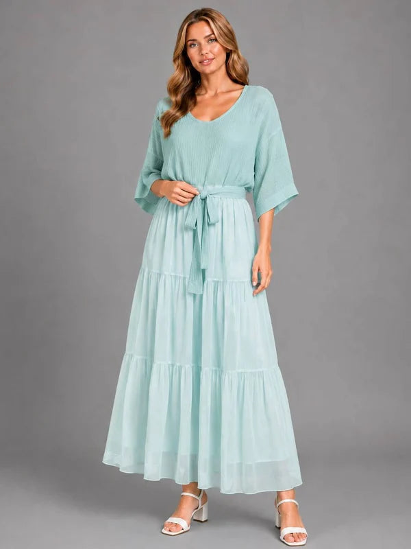 Tiered Hem Cotton Bodice Silk Maxi Dress