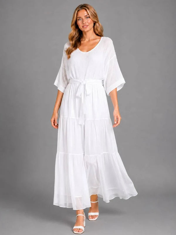 Tiered Hem Cotton Bodice Silk Maxi Dress