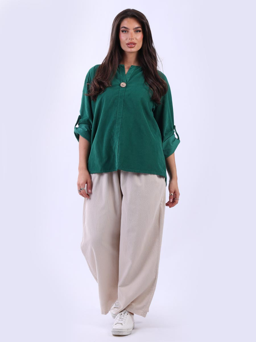 Plain Cotton Corduroy Lagenlook Hi-Lo Blouse