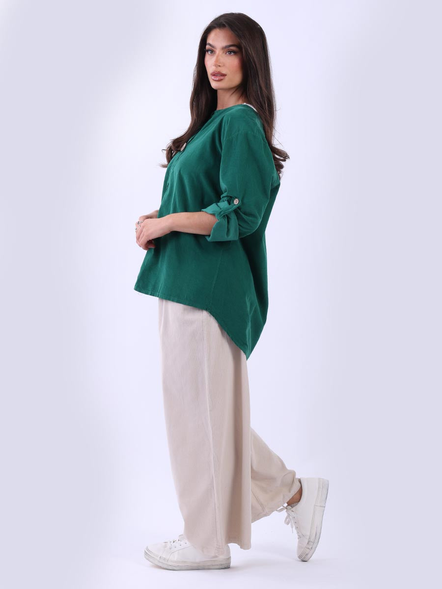 Plain Cotton Corduroy Lagenlook Hi-Lo Blouse