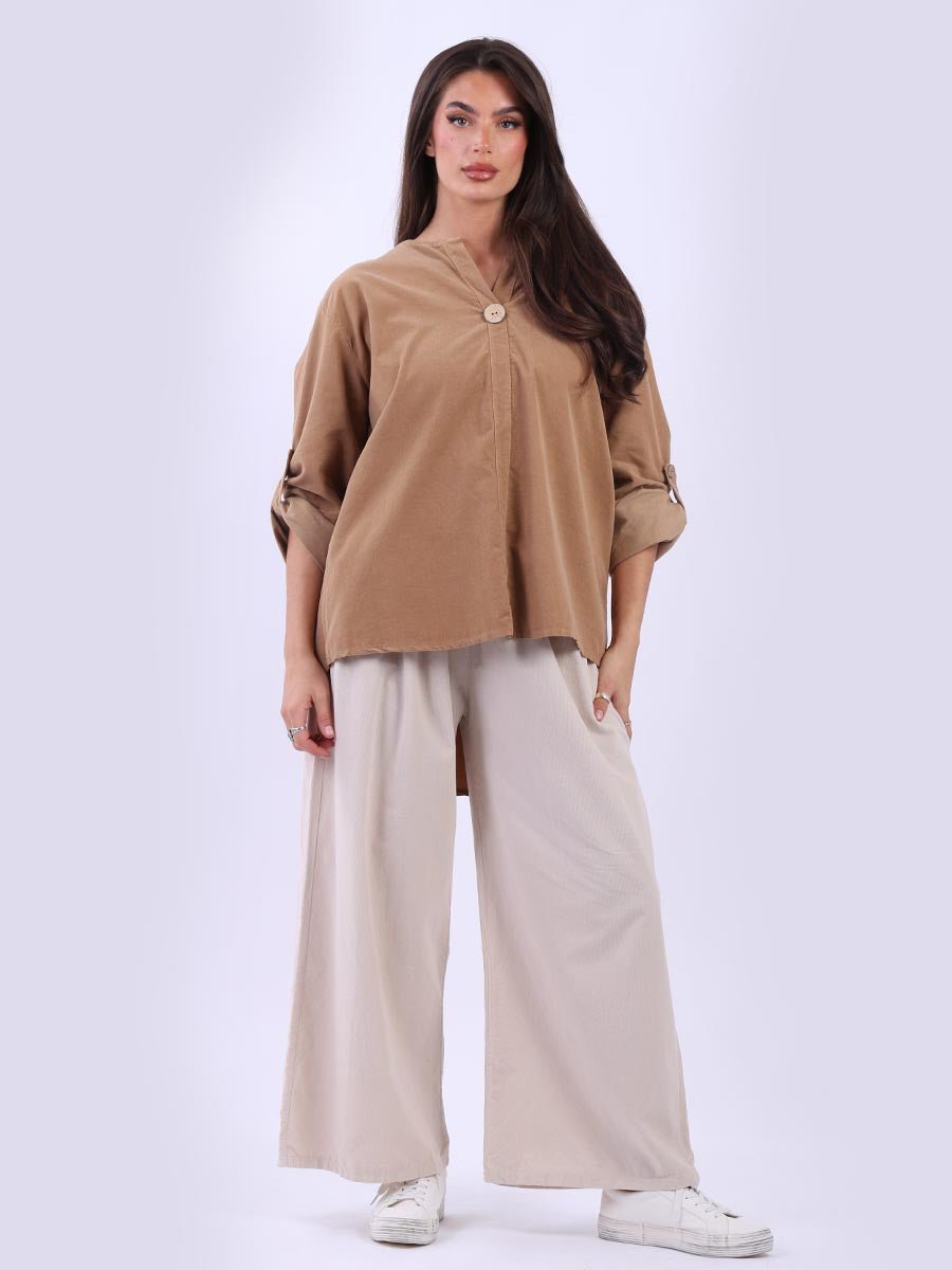 Plain Cotton Corduroy Lagenlook Hi-Lo Blouse