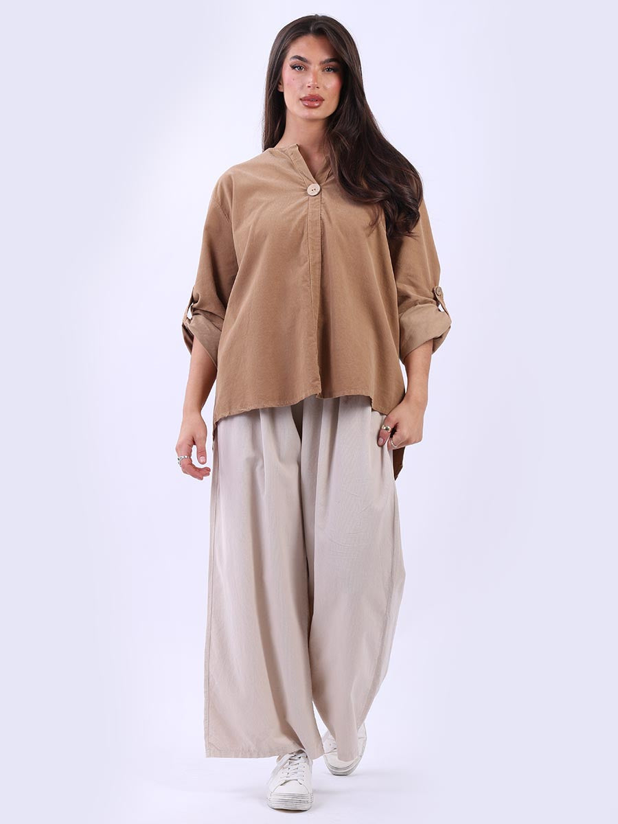 Plain Cotton Corduroy Lagenlook Hi-Lo Blouse