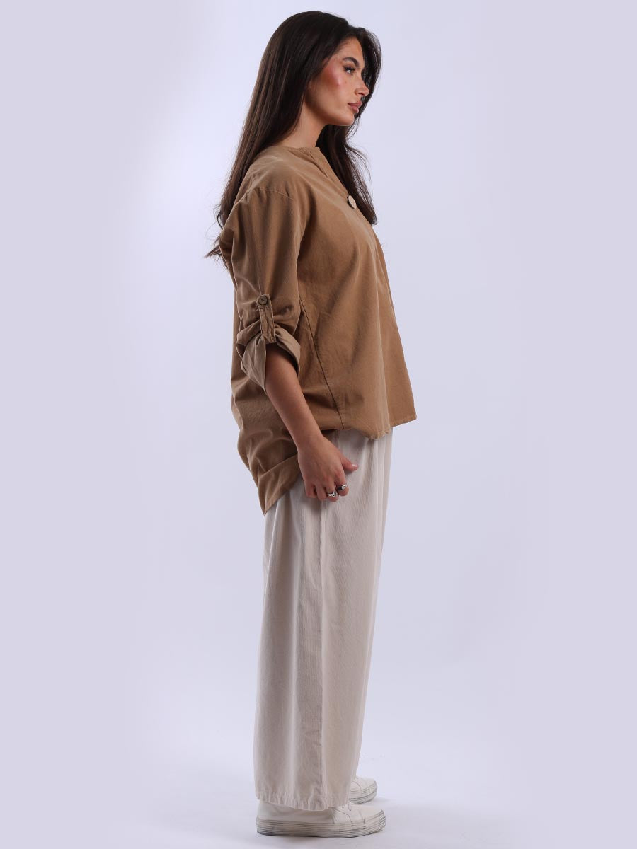 Plain Cotton Corduroy Lagenlook Hi-Lo Blouse