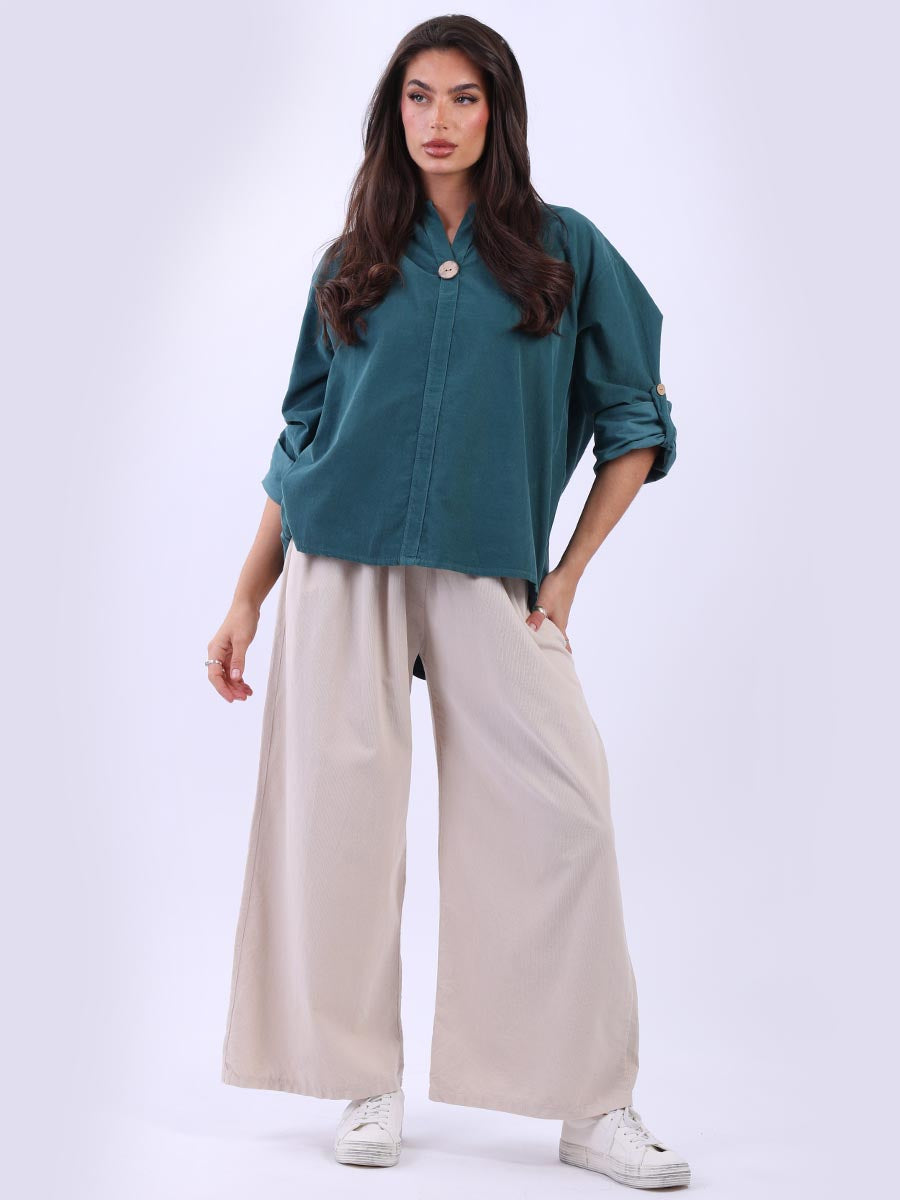 Plain Cotton Corduroy Lagenlook Hi-Lo Blouse