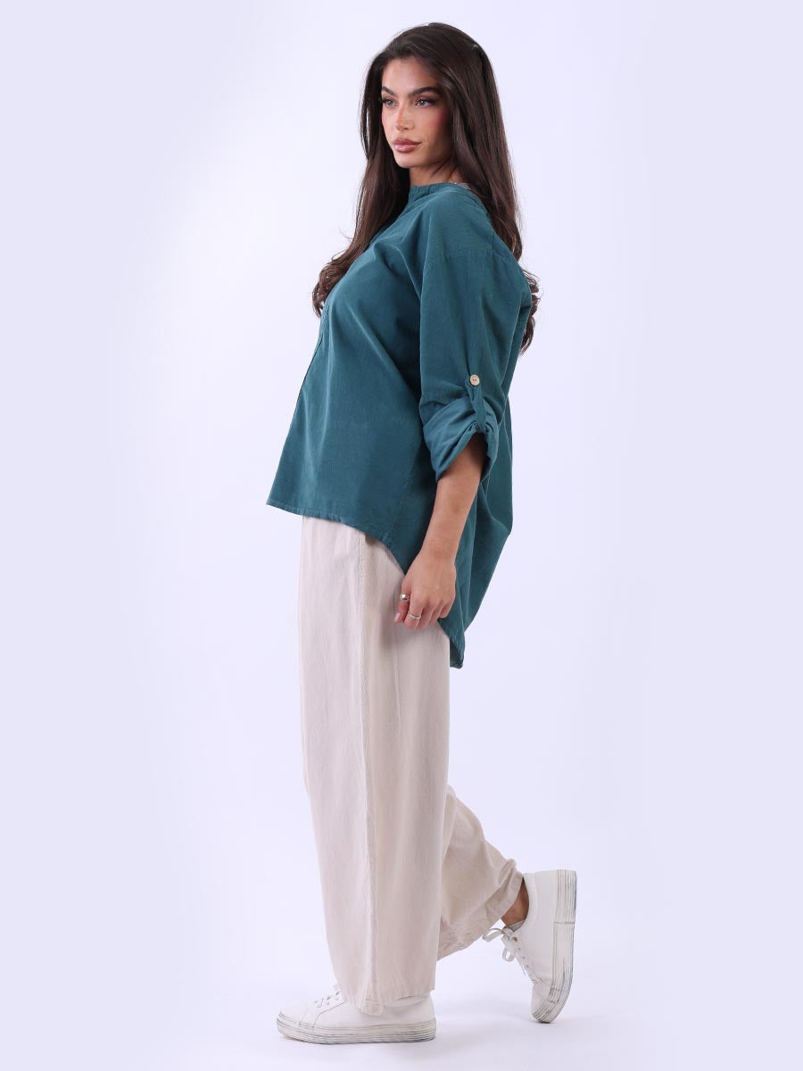 Plain Cotton Corduroy Lagenlook Hi-Lo Blouse