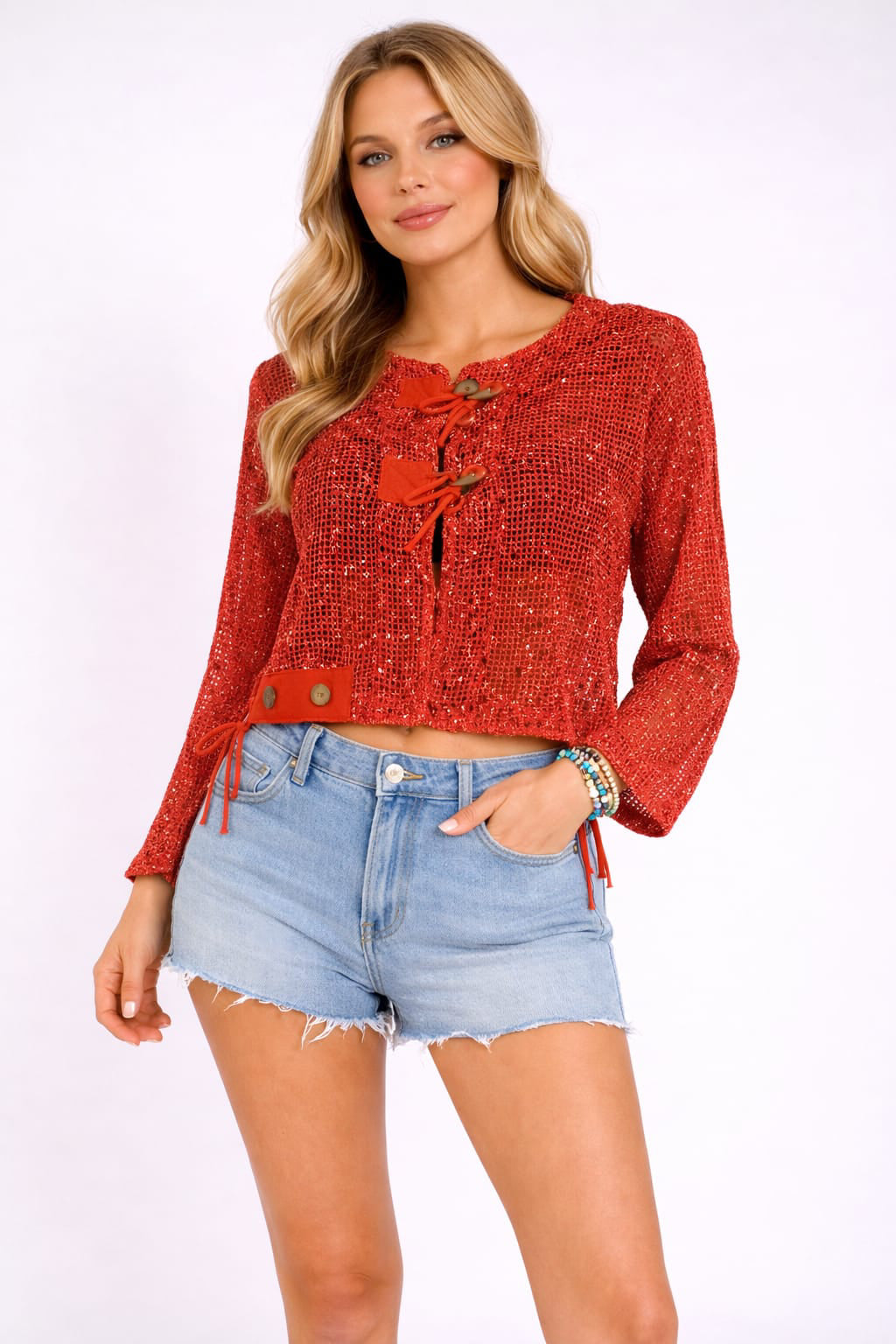 Button Down Mesh Net Top Coral