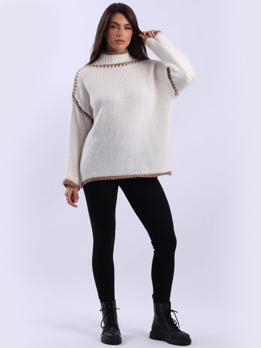 Funnel Neck Whipstitch Wooly Sweater