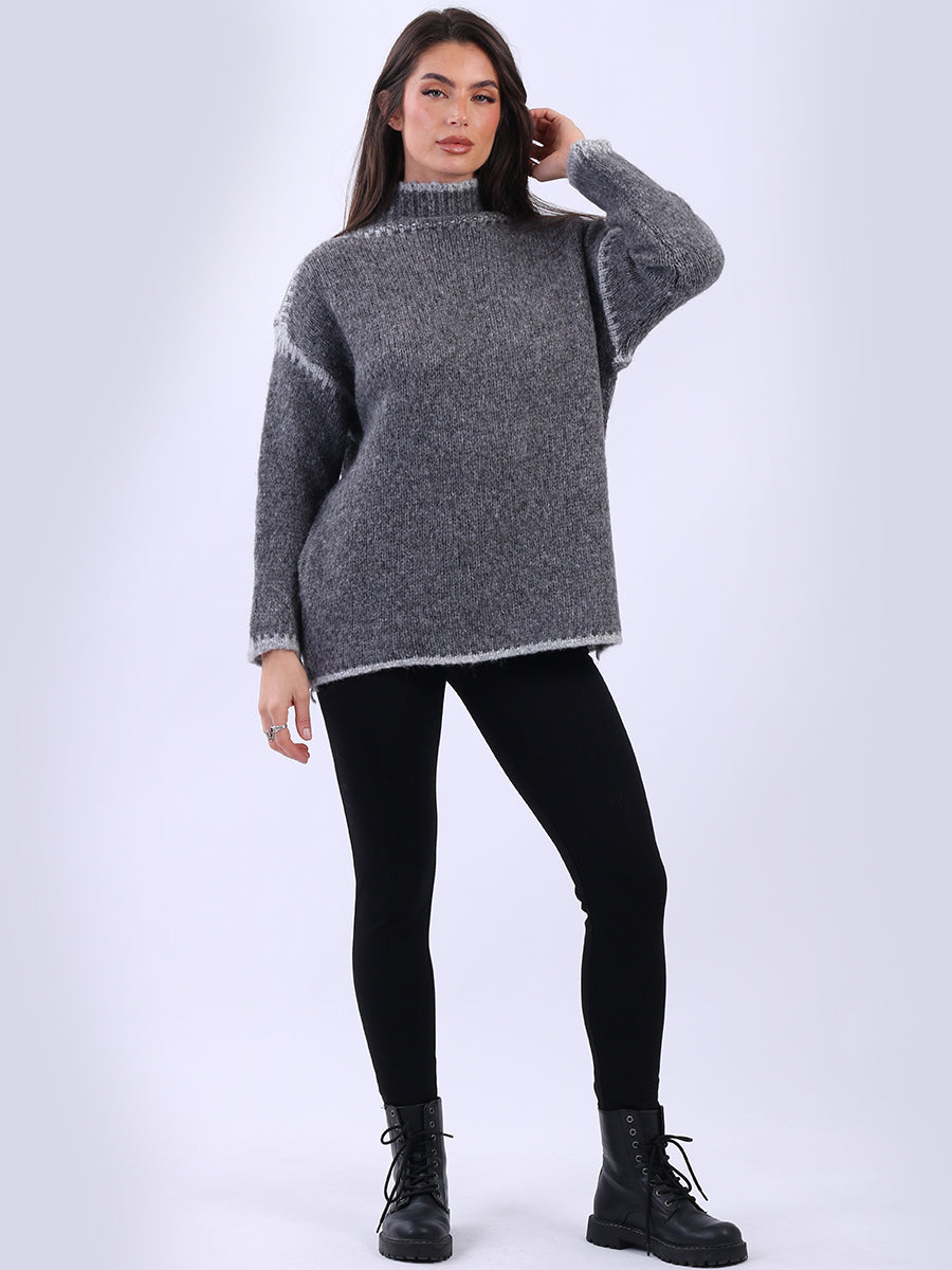 Funnel Neck Whipstitch Wooly Sweater