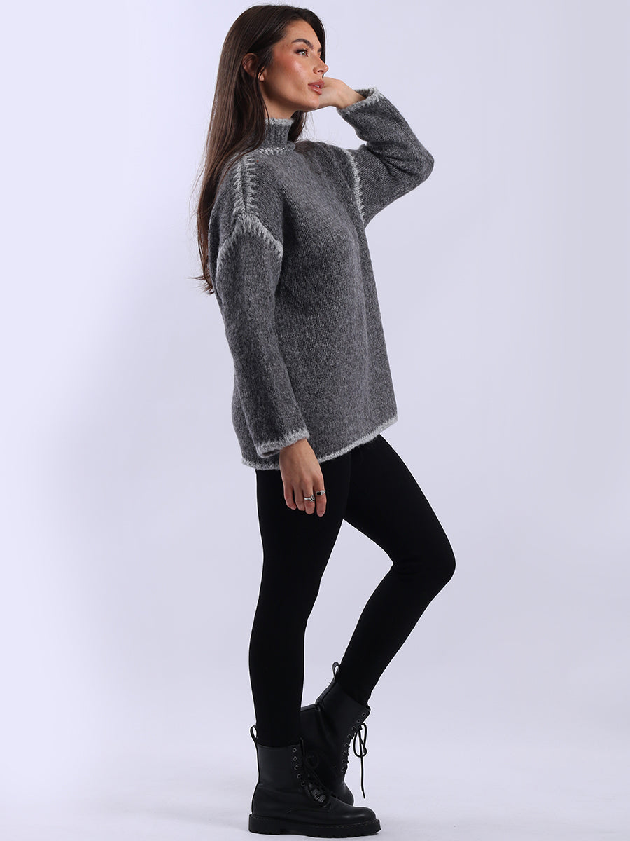 Funnel Neck Whipstitch Wooly Sweater