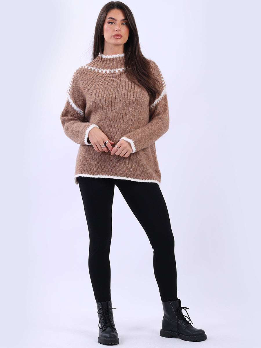 Funnel Neck Whipstitch Wooly Sweater