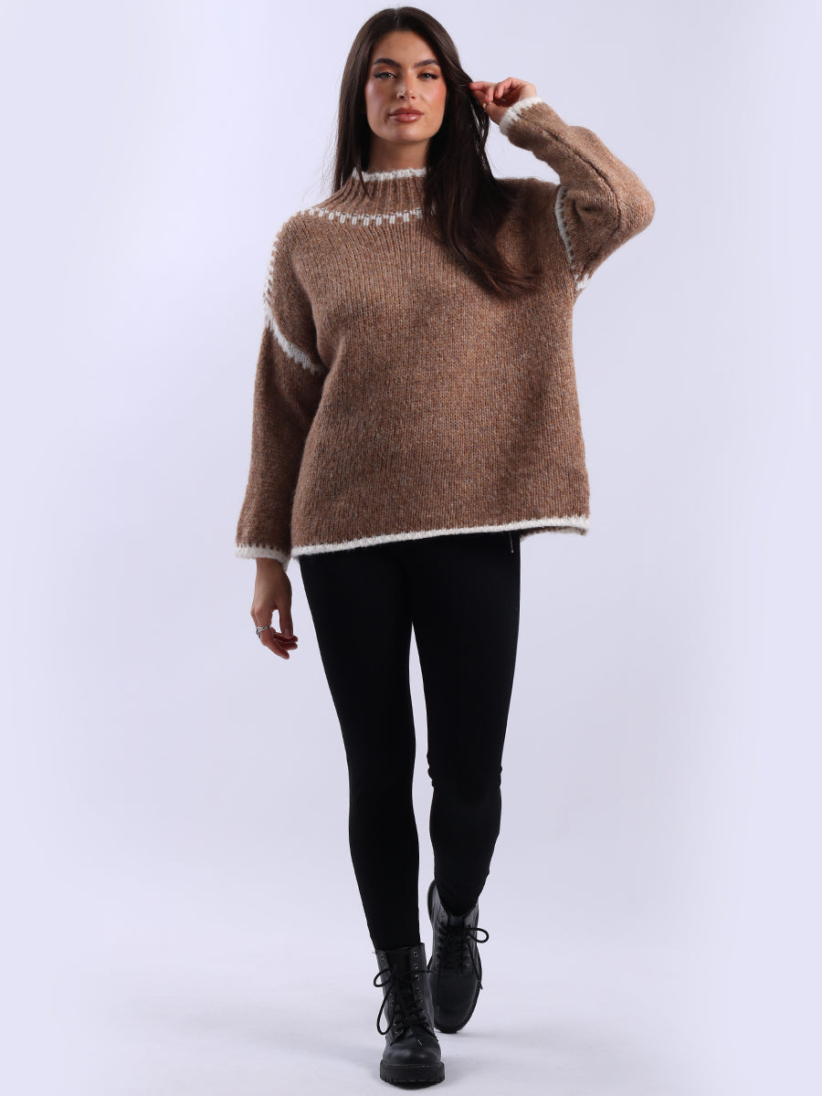 Funnel Neck Whipstitch Wooly Sweater