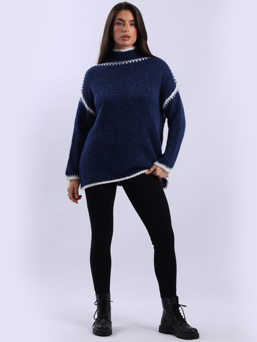 Funnel Neck Whipstitch Wooly Sweater