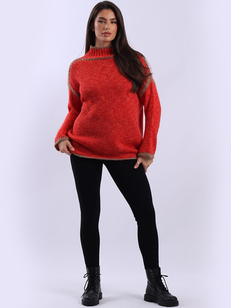 Funnel Neck Whipstitch Wooly Sweater