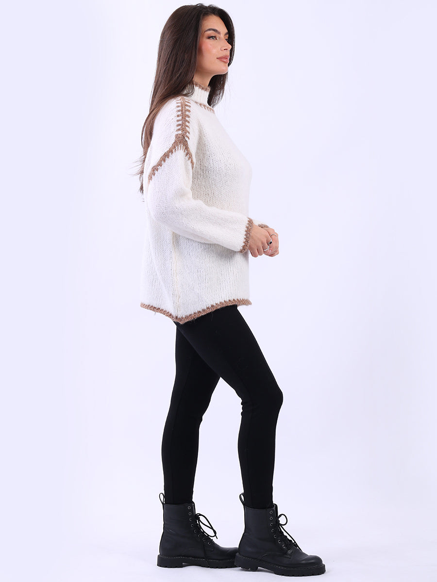 Funnel Neck Whipstitch Wooly Sweater