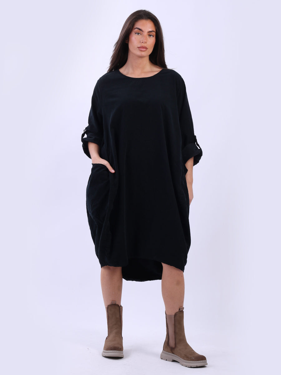 Tabbed Sleeves Plain Cotton Corduroy Dress