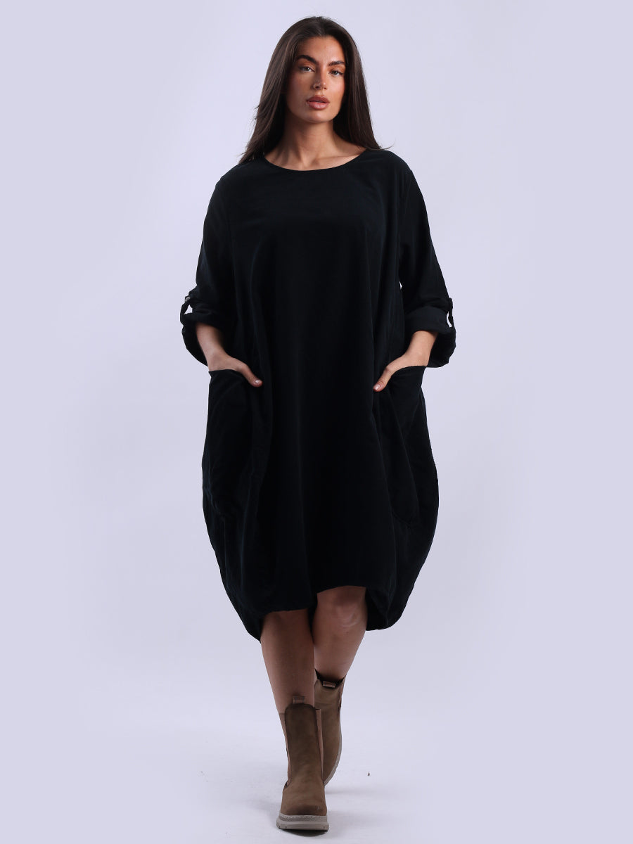 Tabbed Sleeves Plain Cotton Corduroy Dress