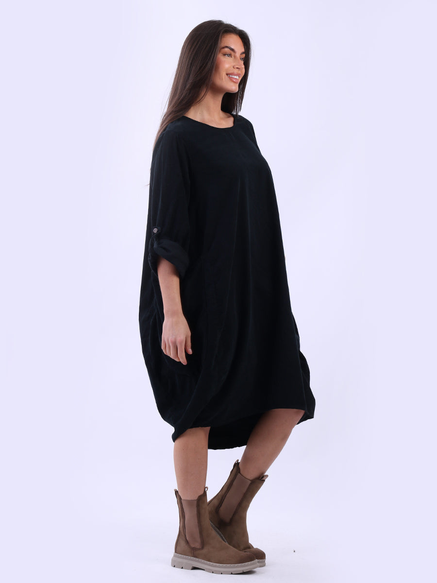 Tabbed Sleeves Plain Cotton Corduroy Dress