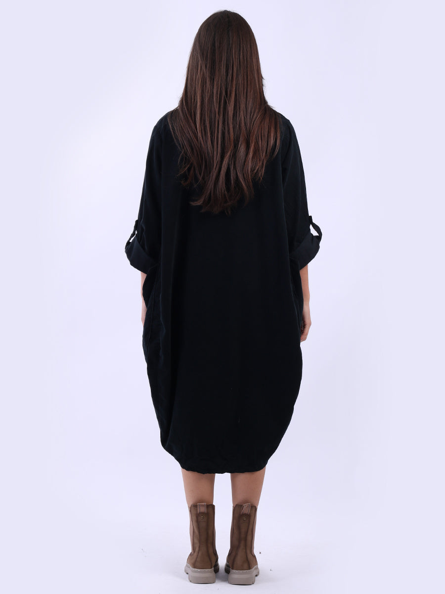 Tabbed Sleeves Plain Cotton Corduroy Dress