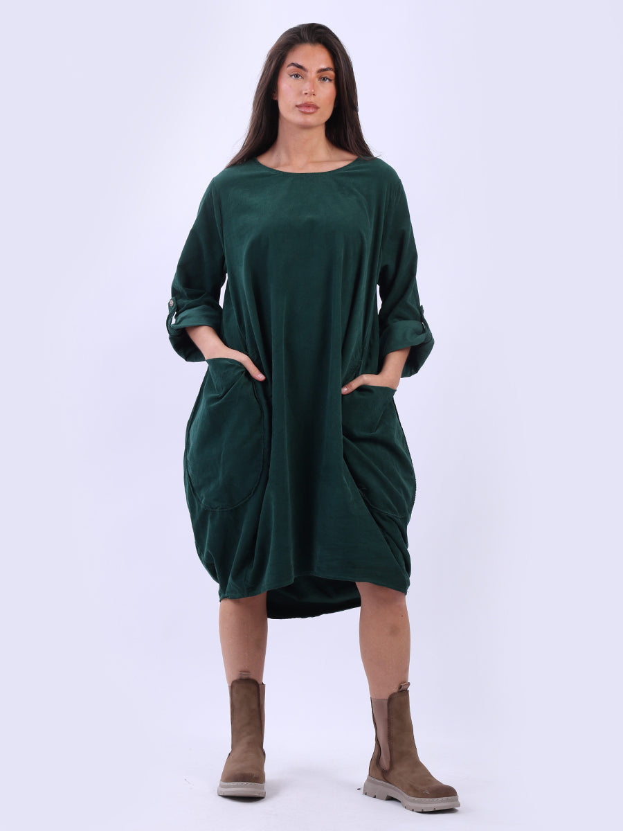 Tabbed Sleeves Plain Cotton Corduroy Dress