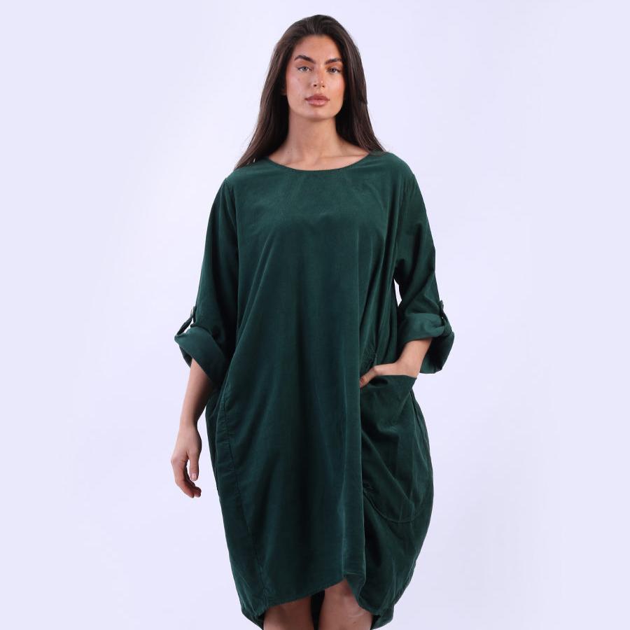 Tabbed Sleeves Plain Cotton Corduroy Dress