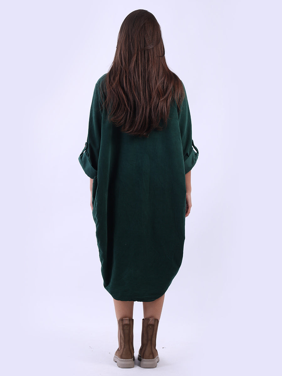 Tabbed Sleeves Plain Cotton Corduroy Dress