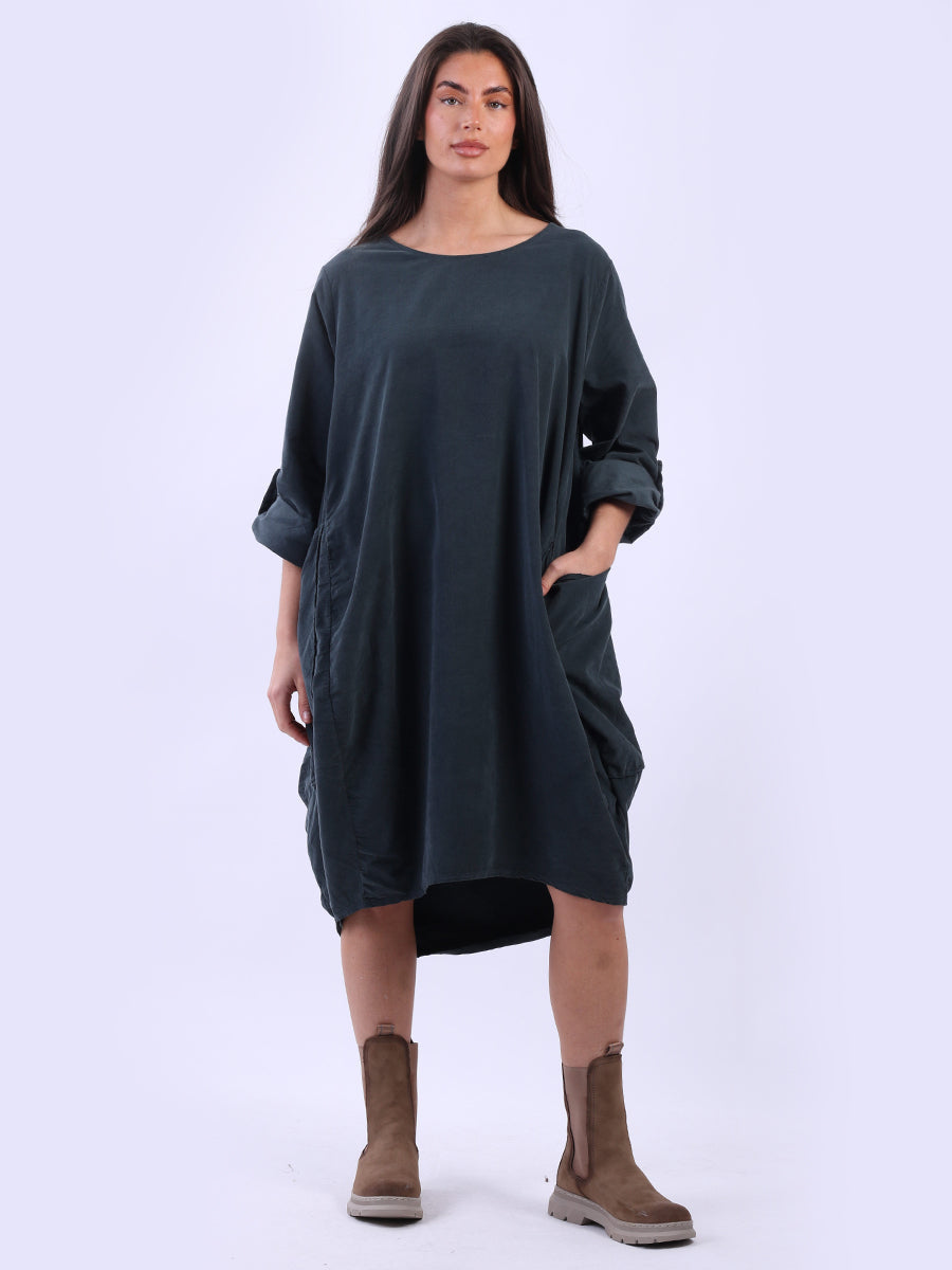 Tabbed Sleeves Plain Cotton Corduroy Dress