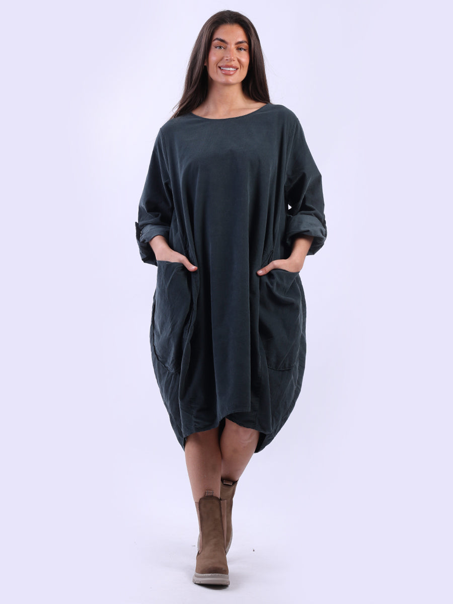 Tabbed Sleeves Plain Cotton Corduroy Dress