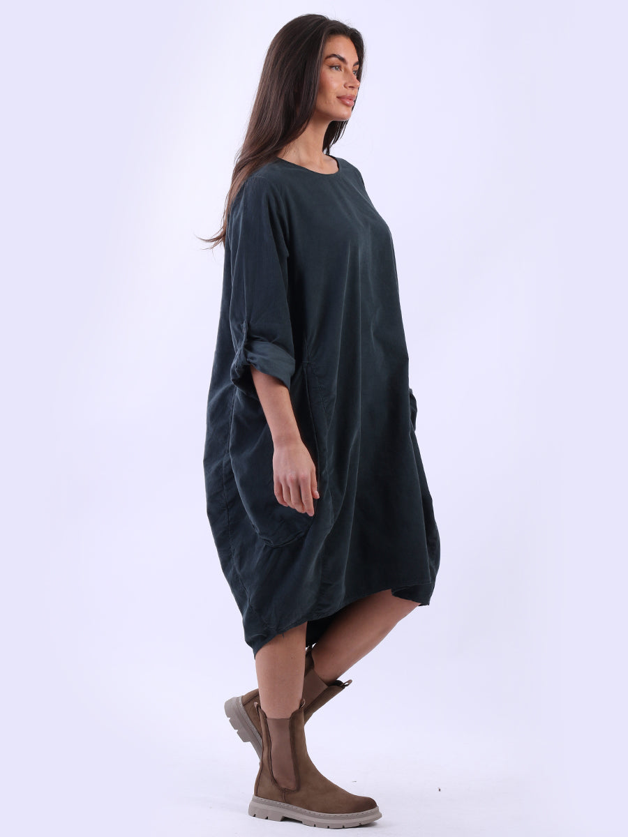 Tabbed Sleeves Plain Cotton Corduroy Dress