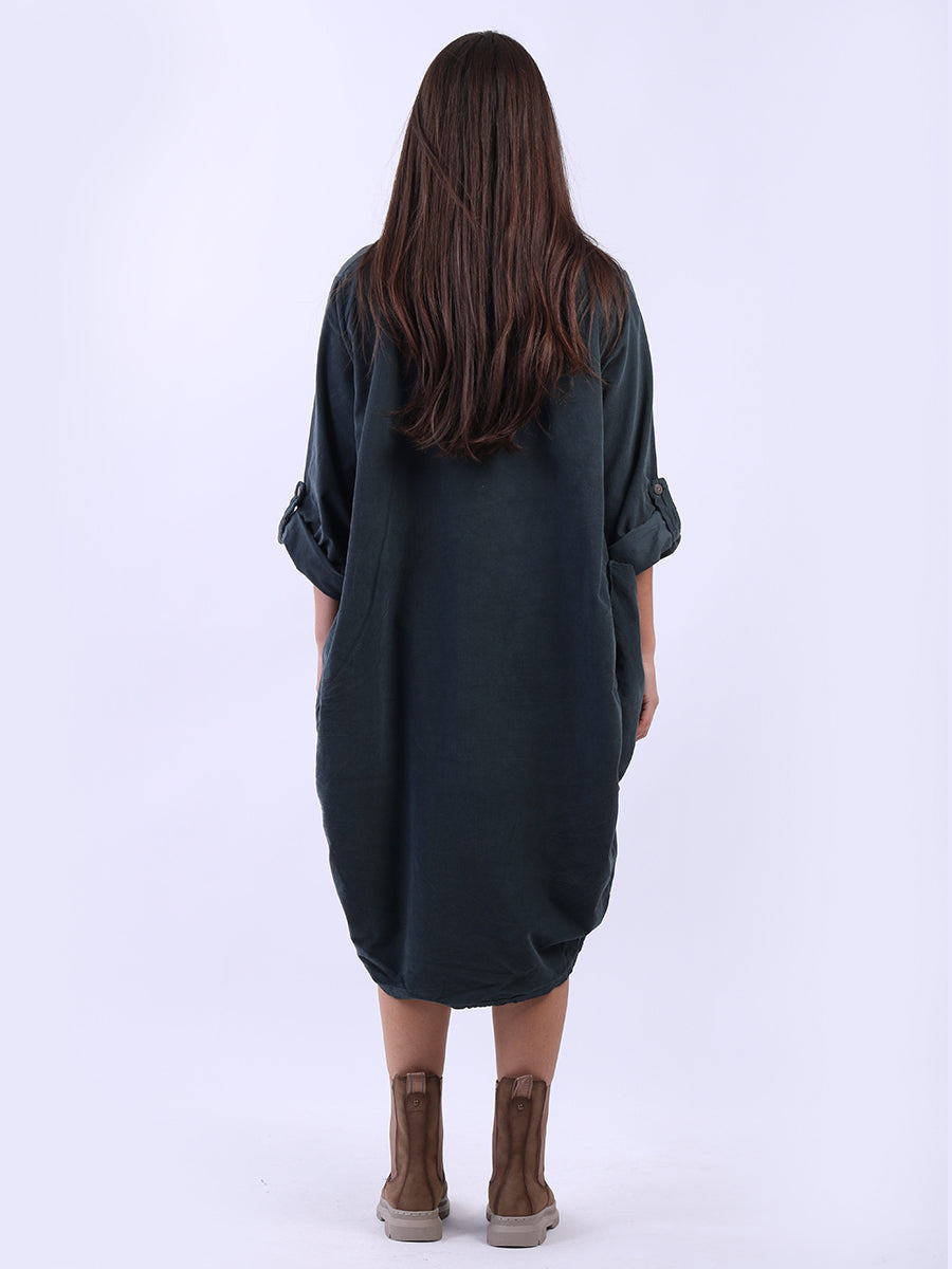 Tabbed Sleeves Plain Cotton Corduroy Dress