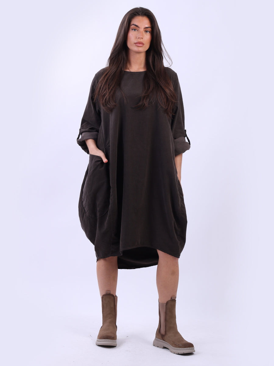 Tabbed Sleeves Plain Cotton Corduroy Dress