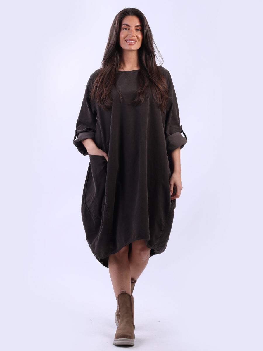 Tabbed Sleeves Plain Cotton Corduroy Dress