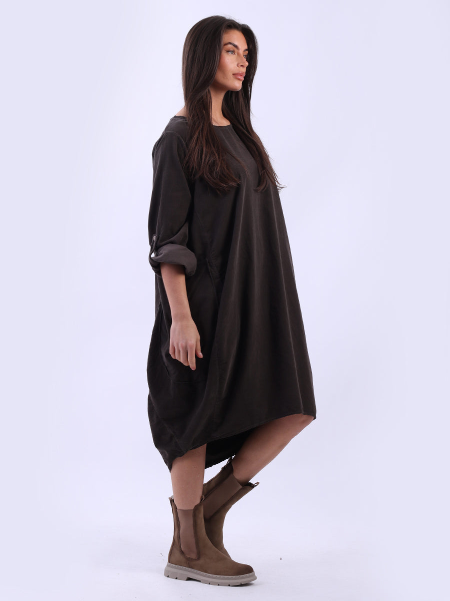 Tabbed Sleeves Plain Cotton Corduroy Dress