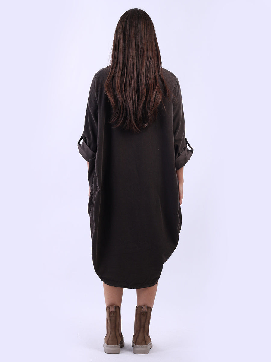 Tabbed Sleeves Plain Cotton Corduroy Dress