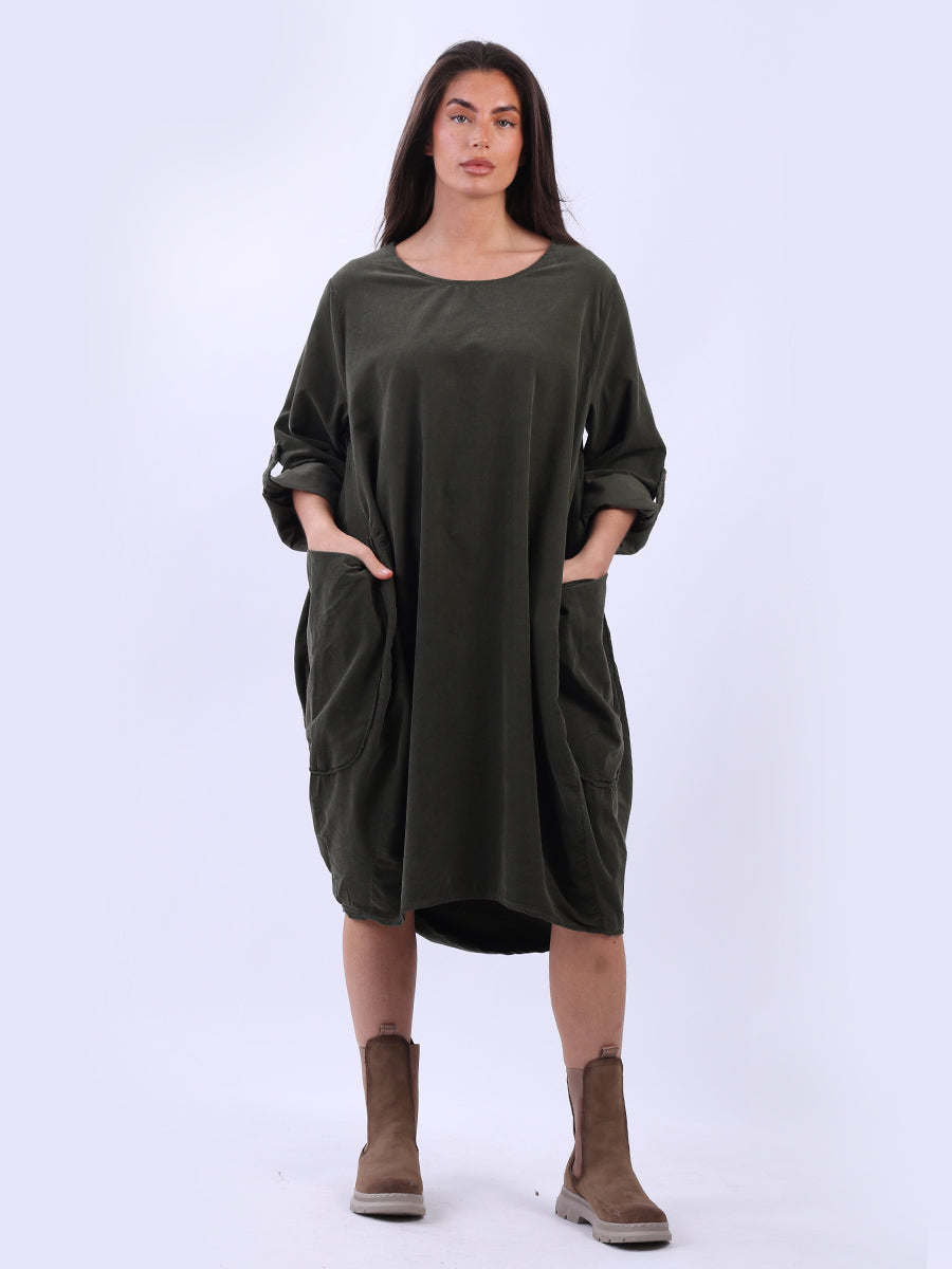 Tabbed Sleeves Plain Cotton Corduroy Dress