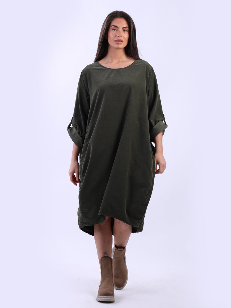 Tabbed Sleeves Plain Cotton Corduroy Dress