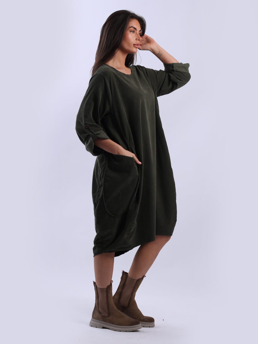 Tabbed Sleeves Plain Cotton Corduroy Dress