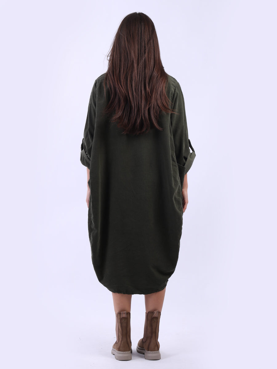 Tabbed Sleeves Plain Cotton Corduroy Dress