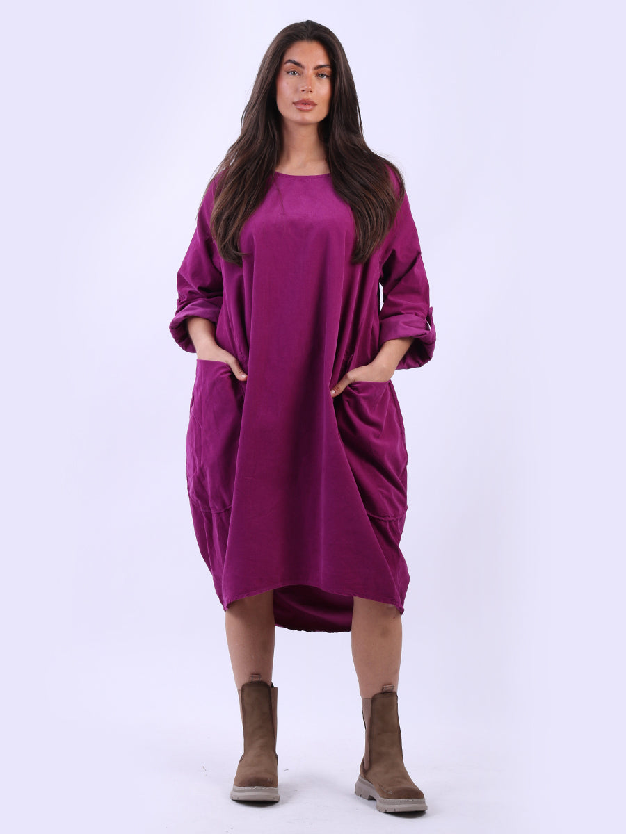 Tabbed Sleeves Plain Cotton Corduroy Dress