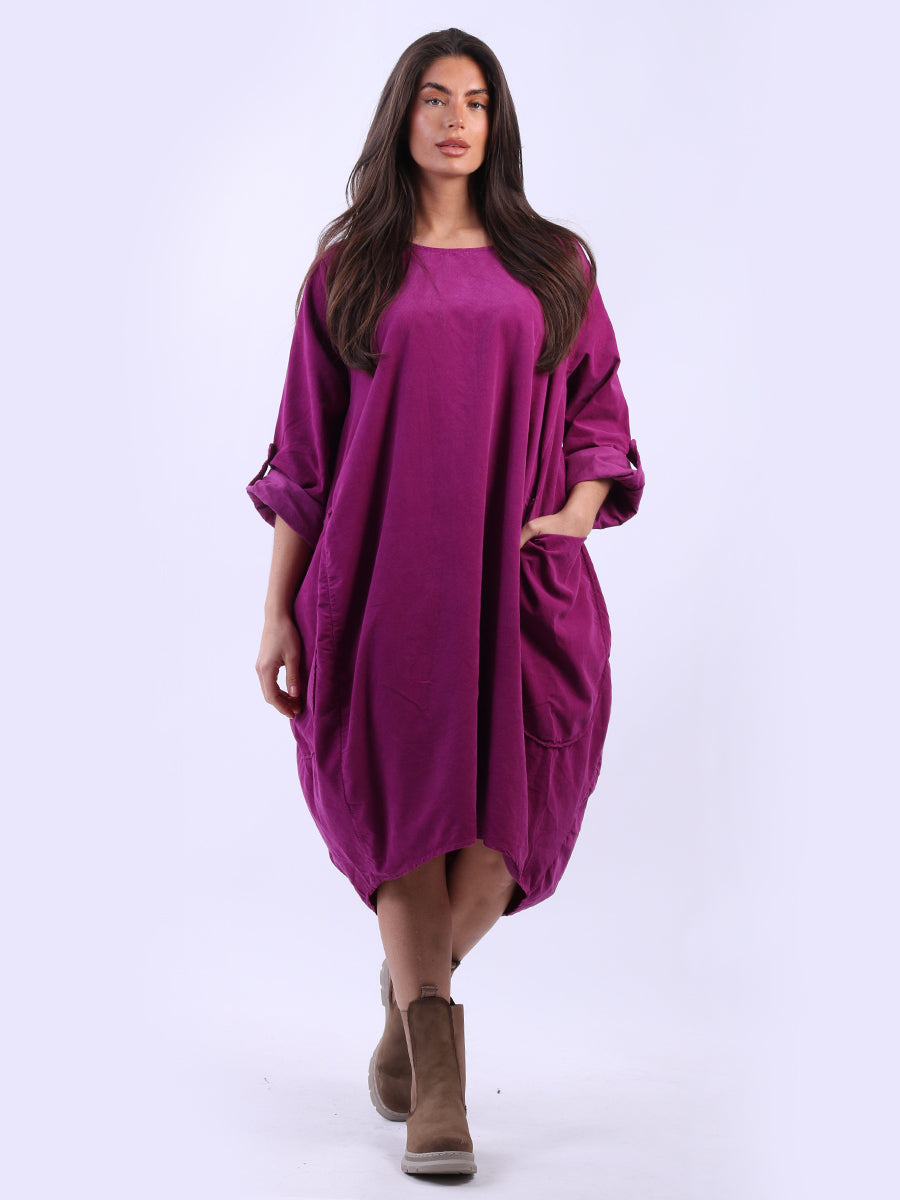 Tabbed Sleeves Plain Cotton Corduroy Dress